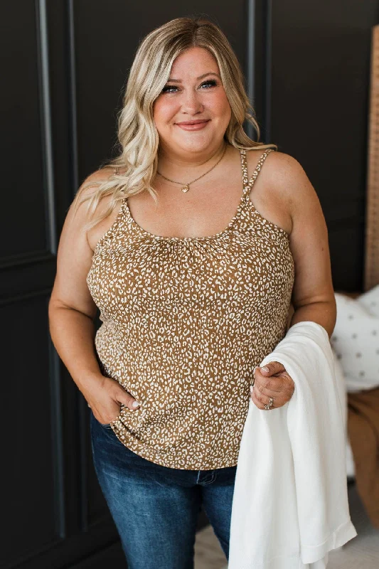 Leave You In Awe Tank Top- Copper Leopard off shoulder tank