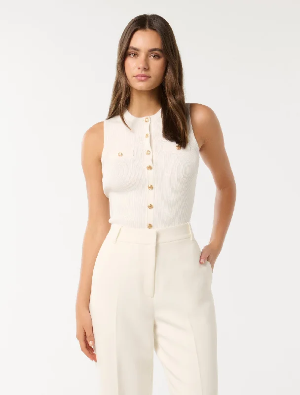 Lorena Button Through Knit Tank Top beige tank top