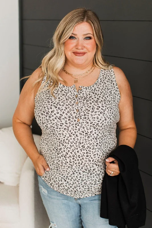 Make Them Believe Henley Tank Top- Light Beige Leopard relaxed fit tank