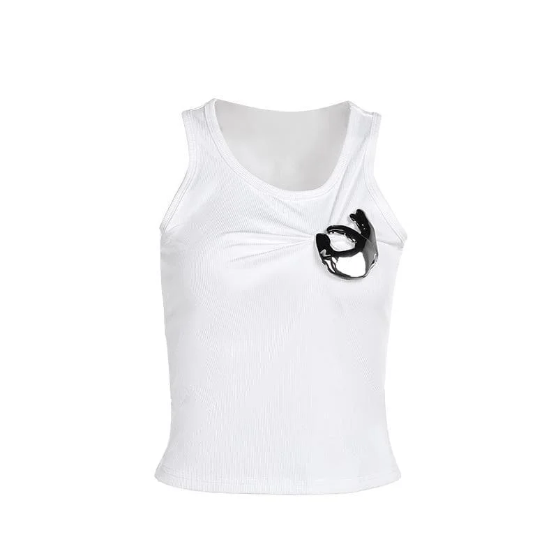 Metal applique ruched solid tank top stretchy tank top