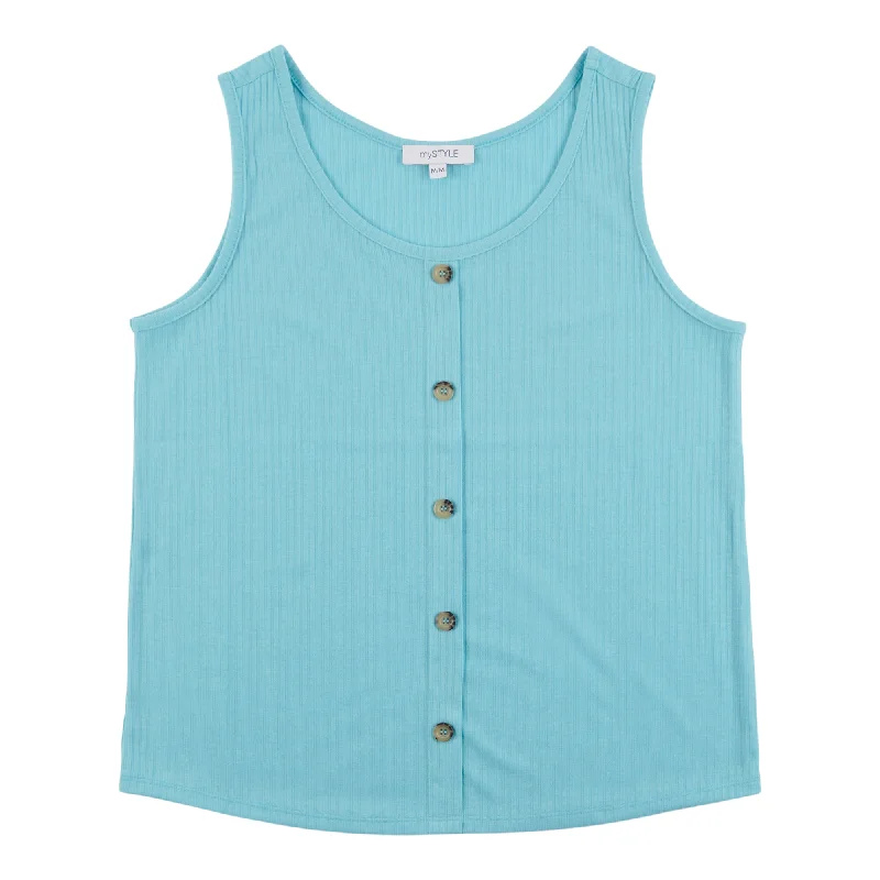 mySTYLE Women's Seaside Ribbed Button Front Tank Top cold shoulder tank