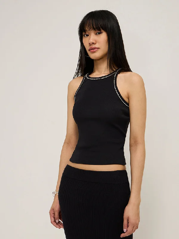 Nuon Black Diamante Embellished Tank Top charcoal tank top