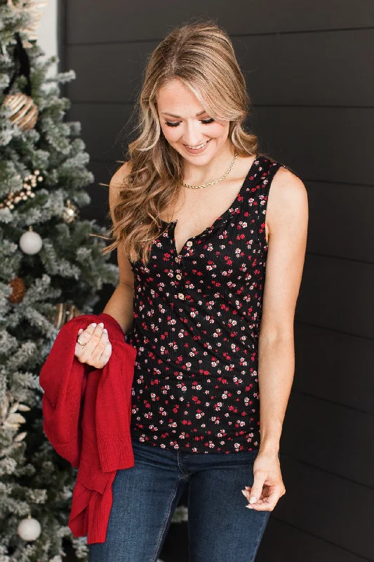 Passionate About You Floral Tank Top- Black & Red silver tank top