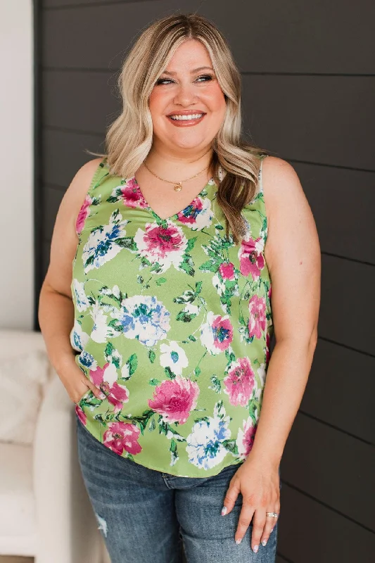 Picnic Date Floral Tank Top- Lime activewear tank top