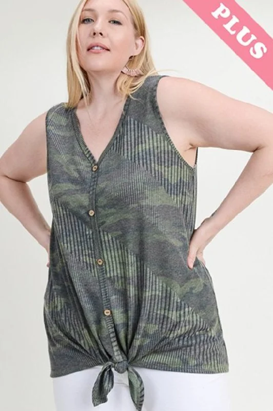Plus Ribbed Camo Tank With Button Trim athletic tank top