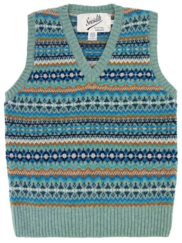 Pure Scottish Wool Fairisle Knit Tank Top in Fauna Blue sheer tank top