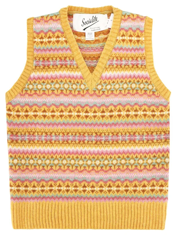 Pure Scottish Wool Fairisle Knit Tank Top in Gala Yellow athletic tank top