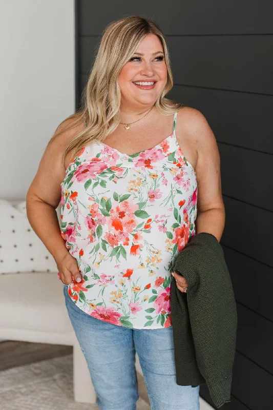 Ready For The Future Floral Tank Top- Ivory & Pink cropped tank top