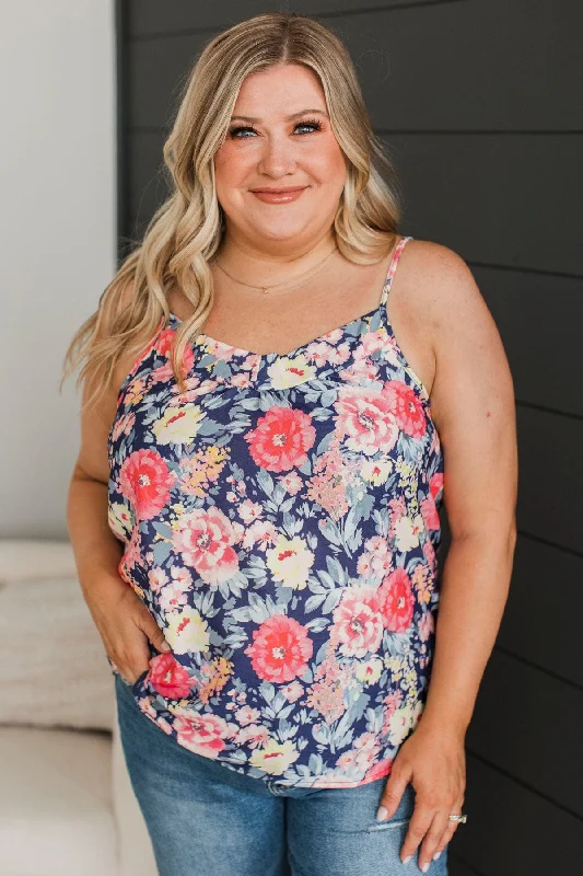 Ready For The Future Floral Tank Top- Navy & Pink graphic tank top