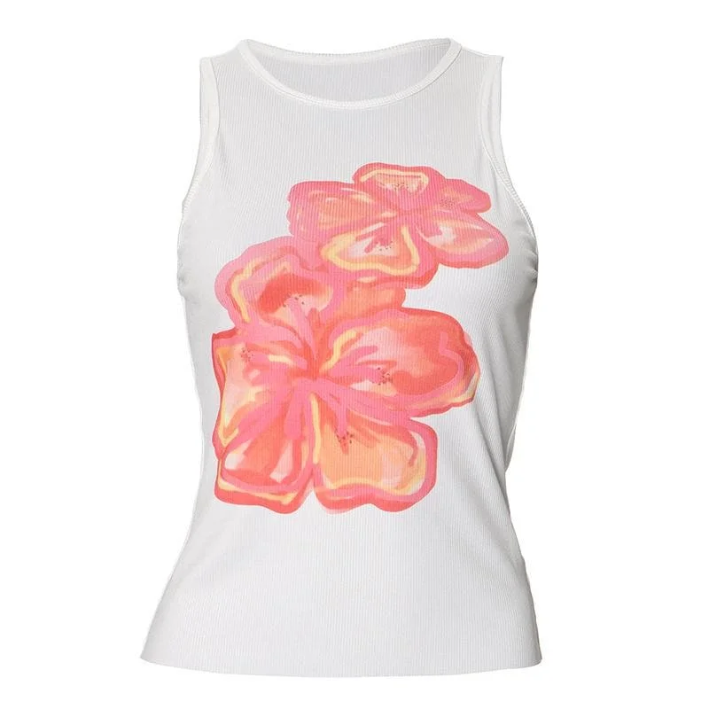 Ribbed flower print tank top rhinestone tank top