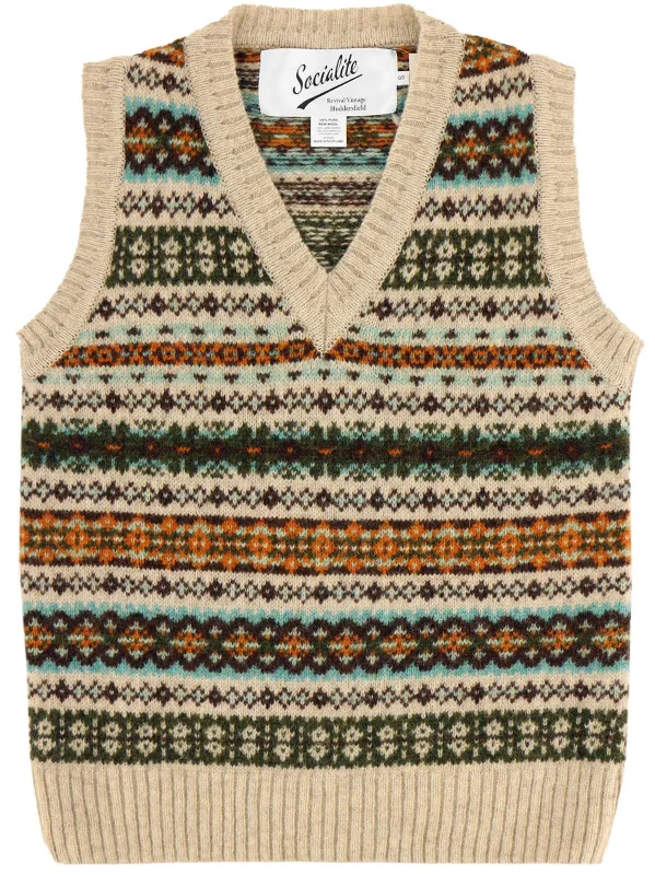 Scottish Wool Short Fairisle Knit Tank Top in Bracken Beige crossback tank top