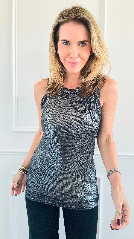 Shiny Foil Detailed Ribbed Italian Tank- Black/ Silver halter tank top