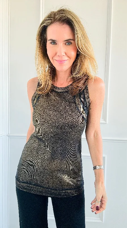 Shiny Foil Detailed Ribbed Italian Tank- Black/Gold lace back tank