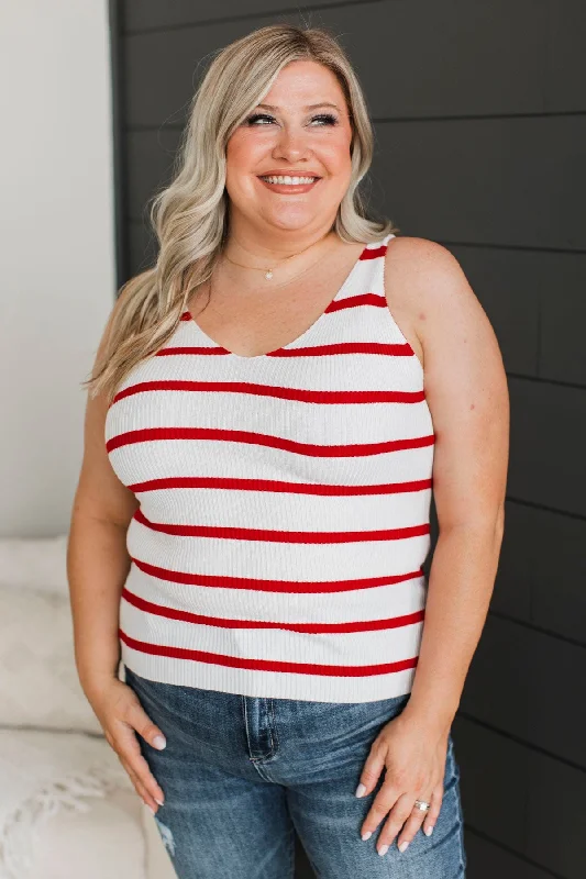 Soaking Up Sunshine Striped Tank Top- Ivory & Red fitted tank top