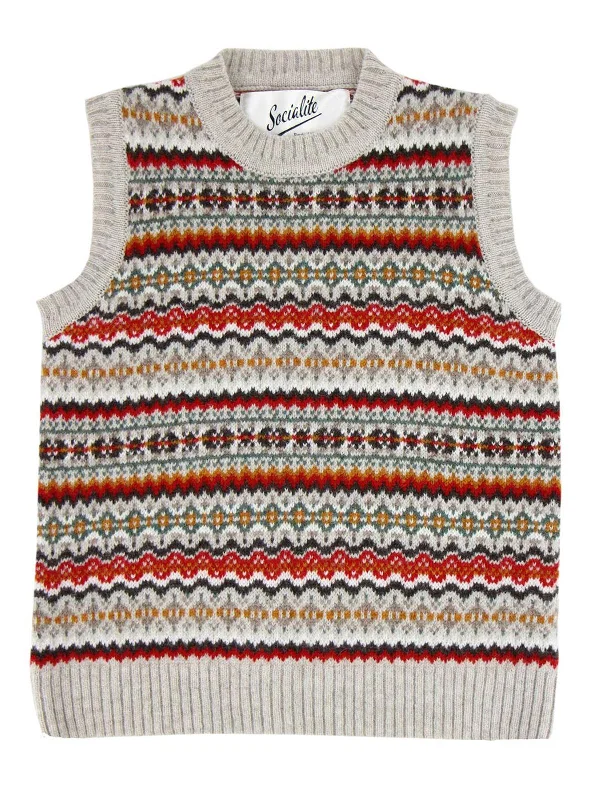 Pure Scottish Wool Fairisle Knit Tank Top in Firestone Beige fashionable tank top