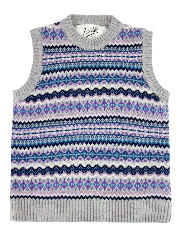 Pure Scottish Wool Fairisle Knit Tank Top in Iris Grey layering tank top