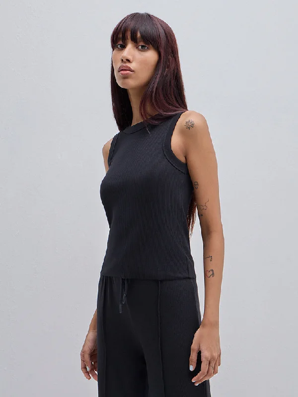 Superstar Black Ribbed Textured Cotton Tank Top coral tank top