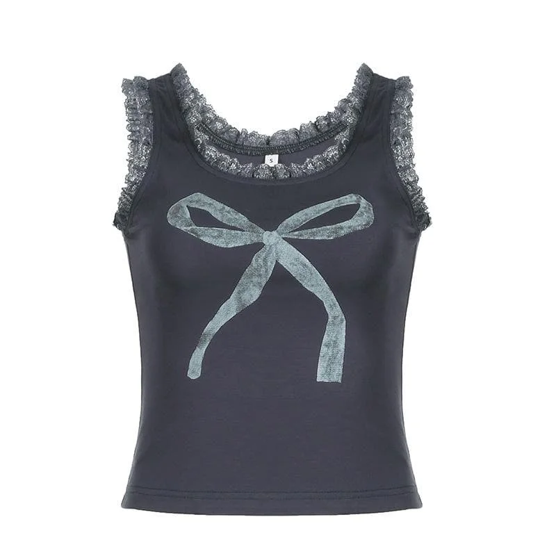 U neck lace hem bowknot pattern contrast tank top flexible tank top
