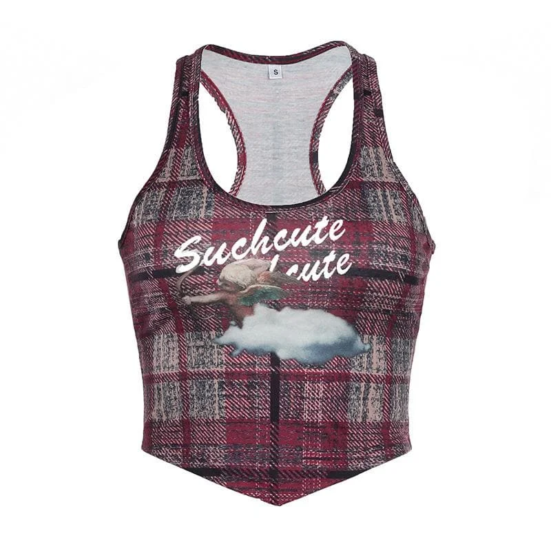 U neck plaid print tank top soft tank top