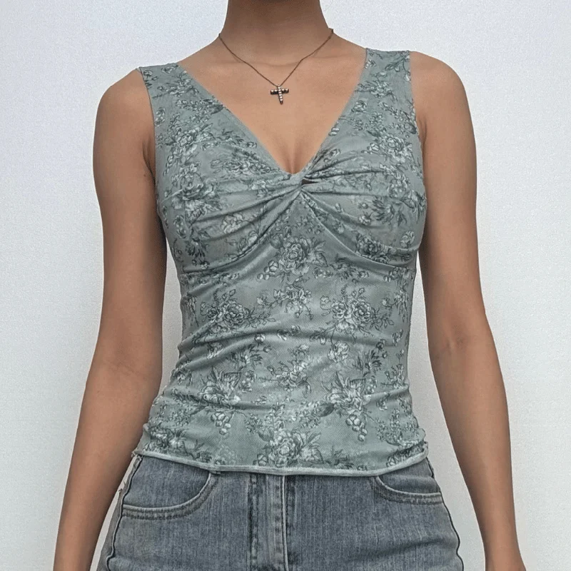 V neck ruched flower print tank top crew neck tank