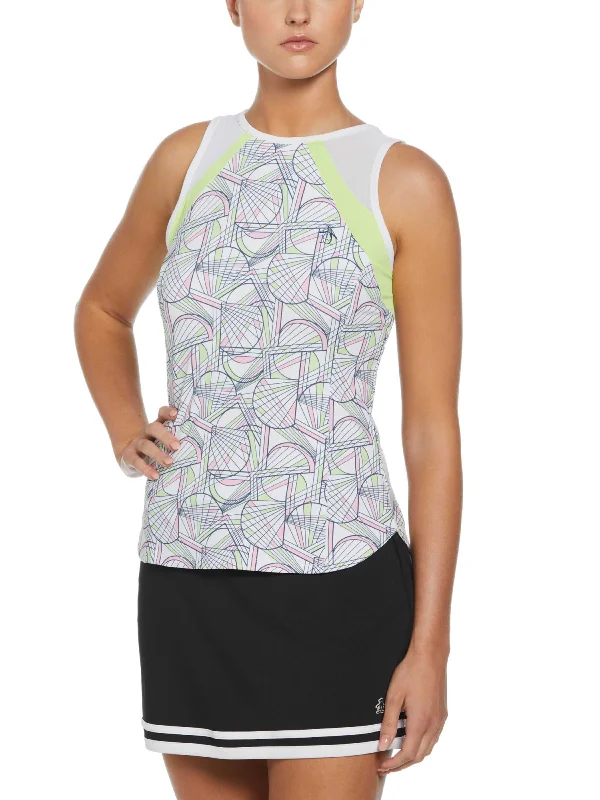 Women's Tennis Racket Print Mesh Block Tank Top high neck tank