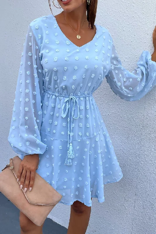 V Neck Chiffon Swiss Dot High Waist Babydoll Dress Tunics Seasonal trendy