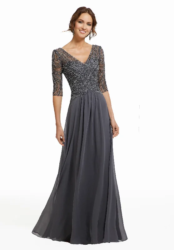 MGNY By Mori Lee - 72028SC Beaded Embroidery V Neck Chiffon Dress Cowl Neckline Elegant MGNY By Mori Lee - 72028SC Beaded Embroidery V Neck Chiffon Dress Cowl Neckline Elegant