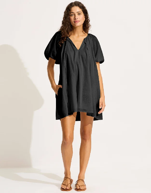 Mini Babydoll Beach Dress - Black Square Neckline Feminine