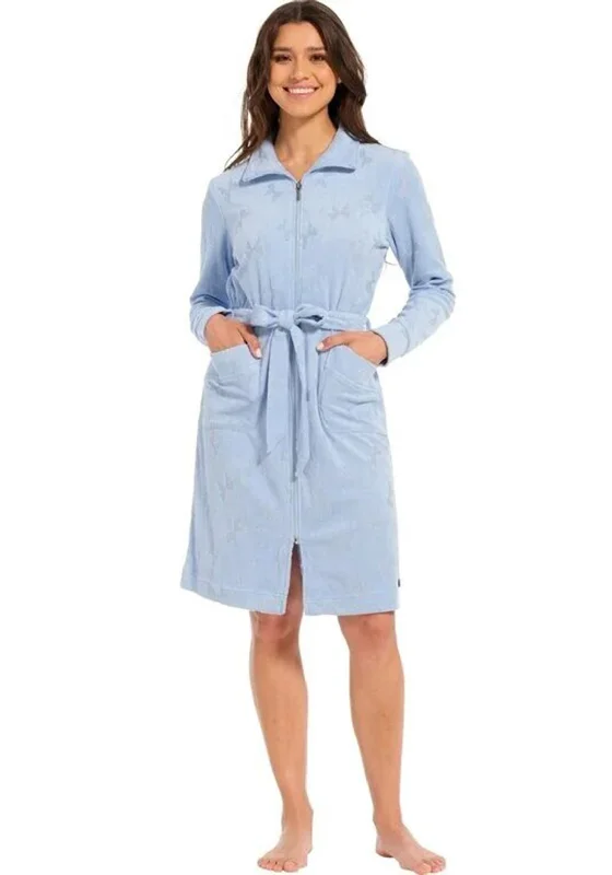 Rebelle Terry Cotton Zip Fastening Dressing Gown, Blue Casual Short Summer