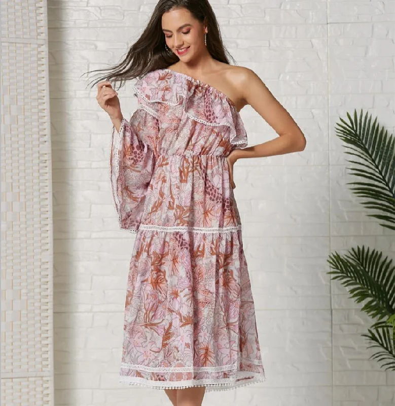 Ruffles One-Shoulder Print Elegant Long Party Dress Tunics Recommended stylist