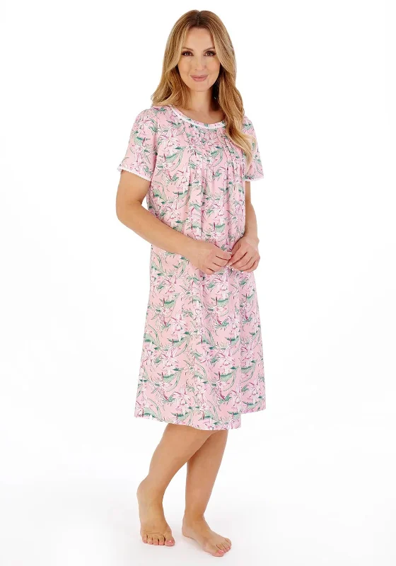 Slenderella Tropical Print Short Sleeve Nightdress, Pink Tunics Modern contemporary