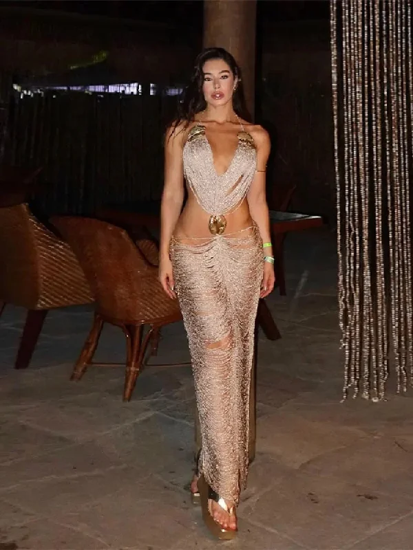 Tassel Sleeveless Backless Hollow Long Dresses Tunics Yoga stretchy
