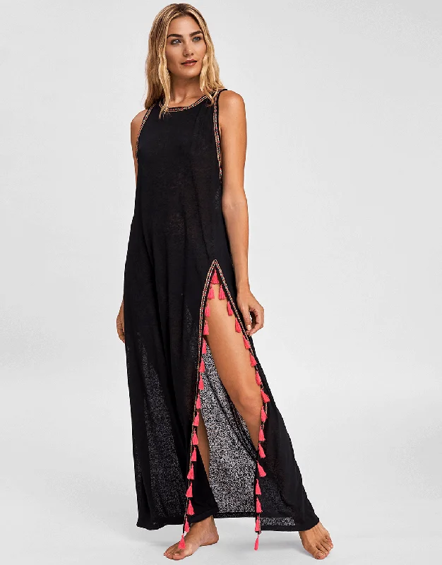 Tassel Slit Dress - Black Tunics Party sparkling