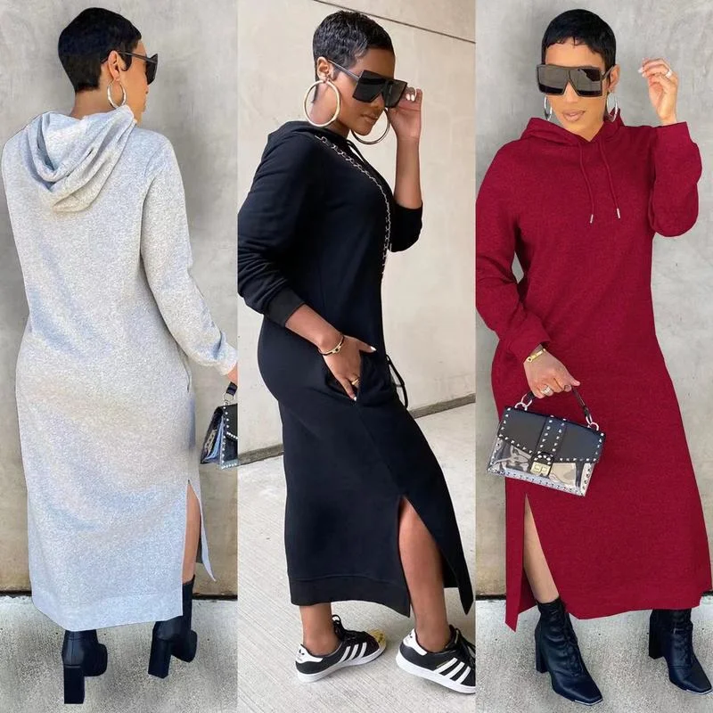 Wholesale solid color color Hooded Sweater dress with split(CL9618) Tunics Solid Classic Wholesale solid color color Hooded Sweater dress with split(CL9618) Tunics Solid Classic