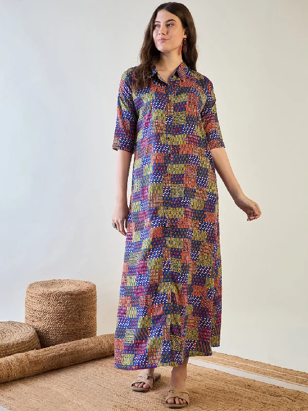 Women's Abstract Multi Coloured Patch Button Down Night Dress - The Kaftan Company Tunics Denim casual