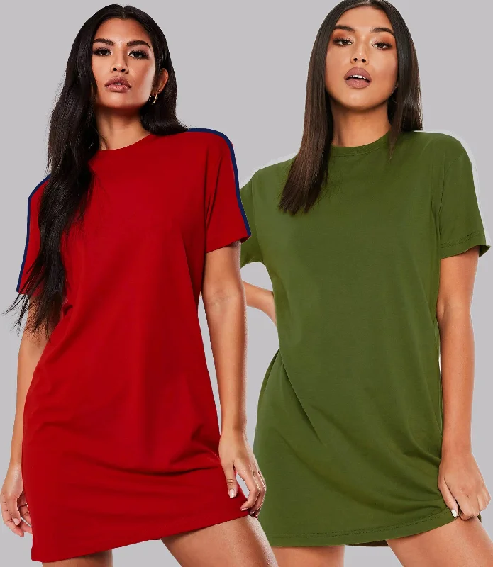 Women Sleeve striped Night Dress - Knee Length Combo (RED&OLIVE) Tunics Distressed trendy